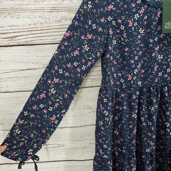 Wild Fable New Blue Floral  Bow Tie End Sleeve Tiered Dress Size Small - Picture 5 of 10